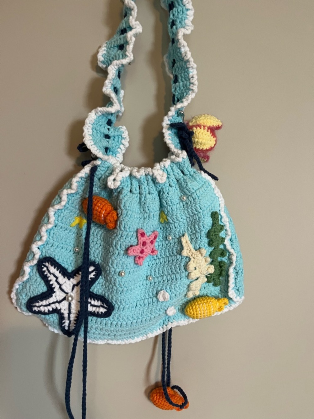 Handmade Aqua Crochet Ocean Motif Drawstring Bag
